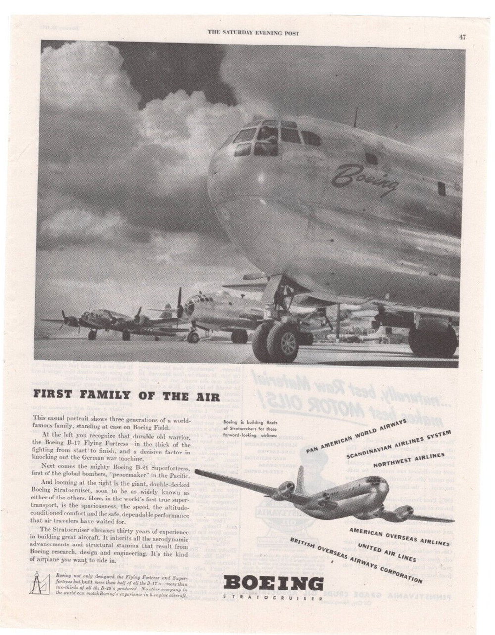 Vintage Original Boeing Stratocruiser Magazine Advertisement 1947 B&W Airplane